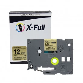 FITA COMPATÍVEL COM ETIQUETADORA BROTHER TZc-MPGG31 12MM PRETO SOBRE DOURADO GEOMÉTRICO - X-FULL